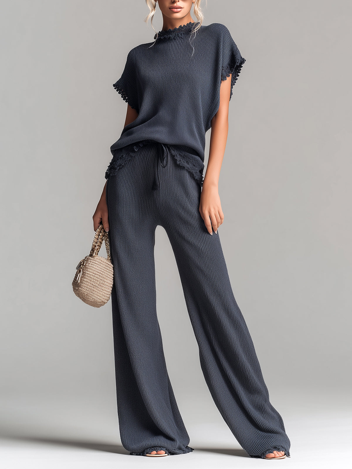 ElevenOra Chic Elegant Dark Gray Round Neck Short-Sleeve Loose-Fit Sweater Wide-Leg Pants Lace Details Ribbed Knit Two-Piece Set