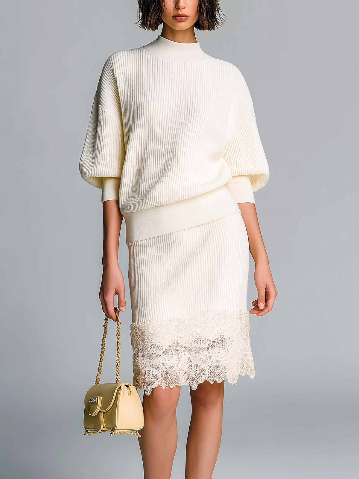 ElevenOra Chic Elegant Cream White Mock Neck Short-Sleeve Slim-Fit Sweater Bodycon Lace Details Midi Skirt Ribbed Knit Two-Piece Set