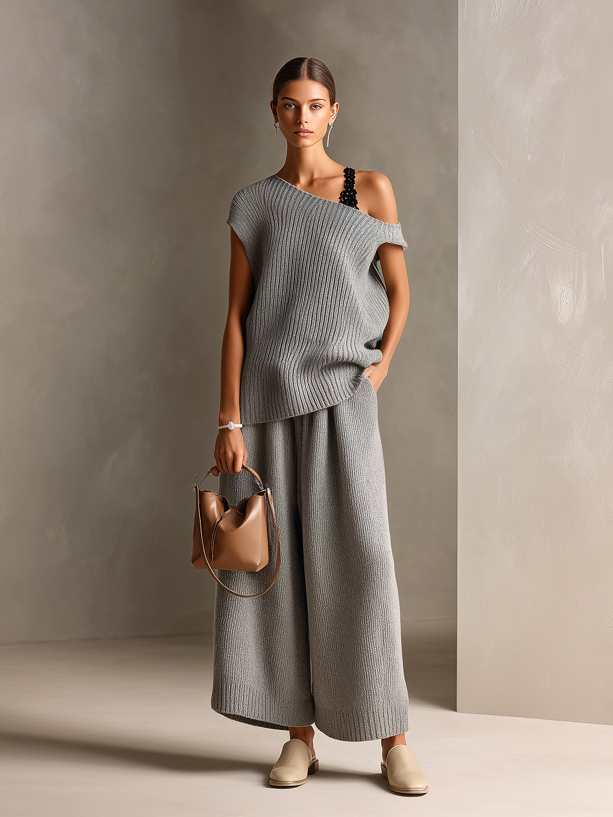 ElevenOra Chic Elegant Gray One Shoulder Short-Sleeve Lace Details Loose-Fit Sweater Oversize Wide-Leg Pants Ribbed Knit Two-Piece Set