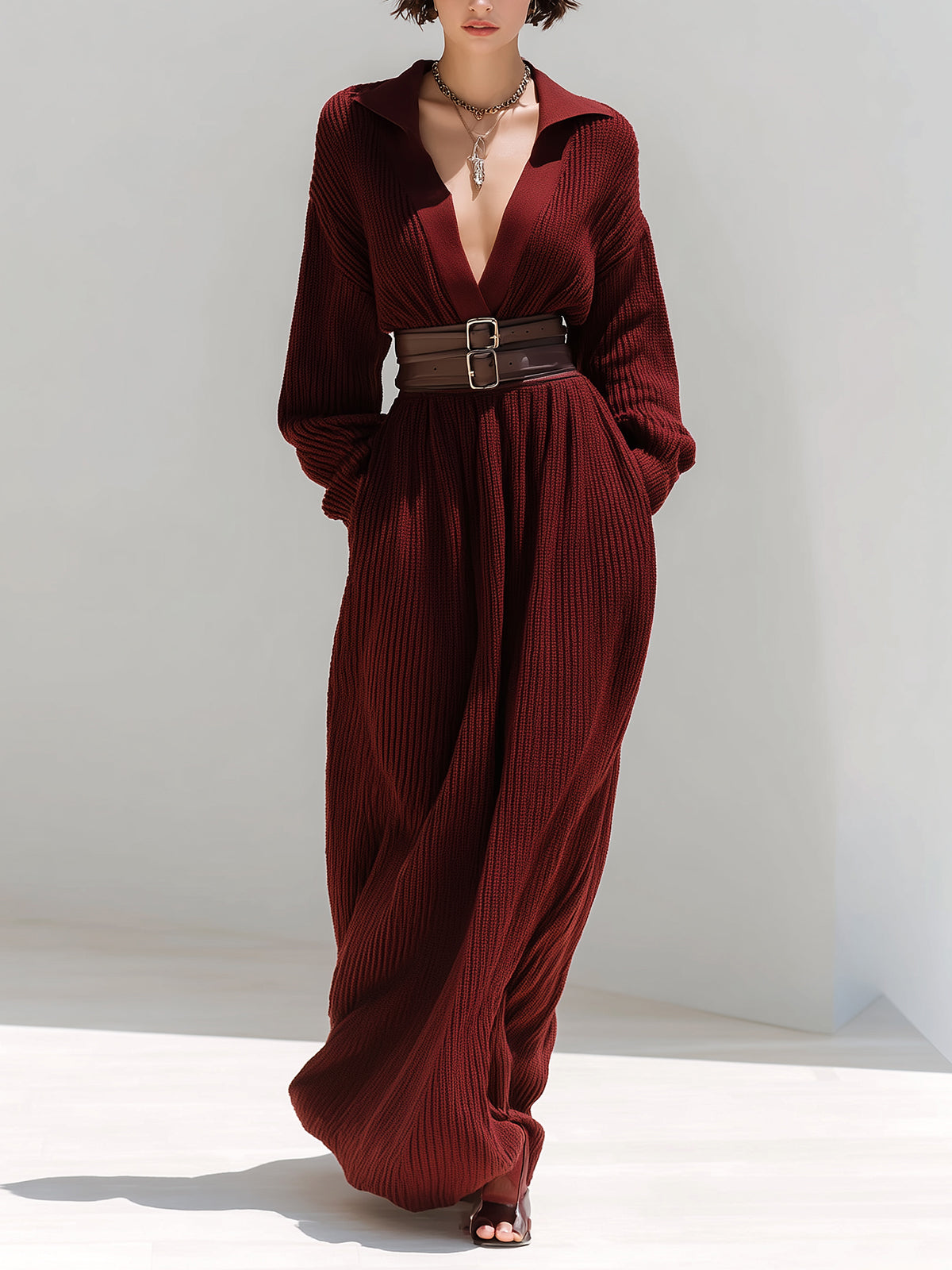 ElevenOra Vintage Elegant Solid Color Deep V-neck Lapel Oversize Belted Long-sleeved Knitted Maxi Dress