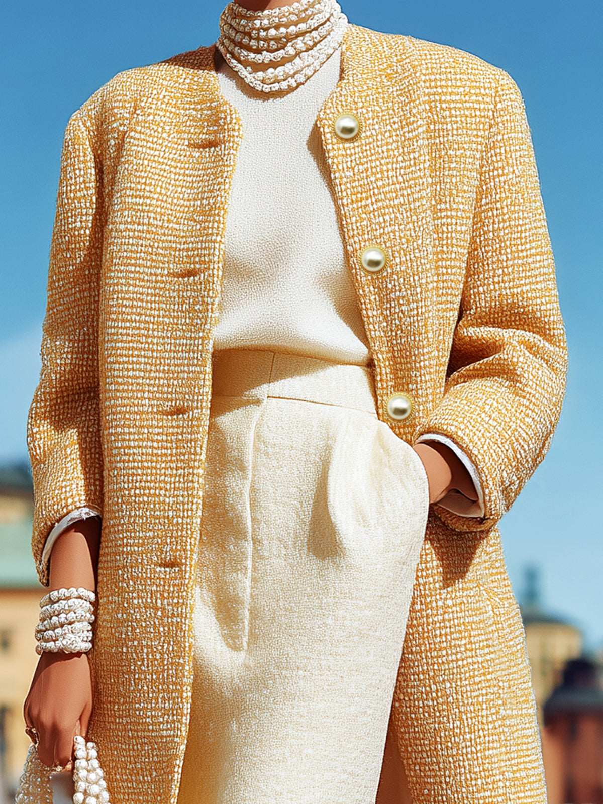 ElevenOra Vintage Elegant Yellow Tweed Single-Breasted Slim Mid-Length Coat