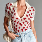 ElevenOra Chic Elegant Red Beige Heart Pattern Lapel V-Neck Short-Sleeve Slim-Fit Knit Sweater Top