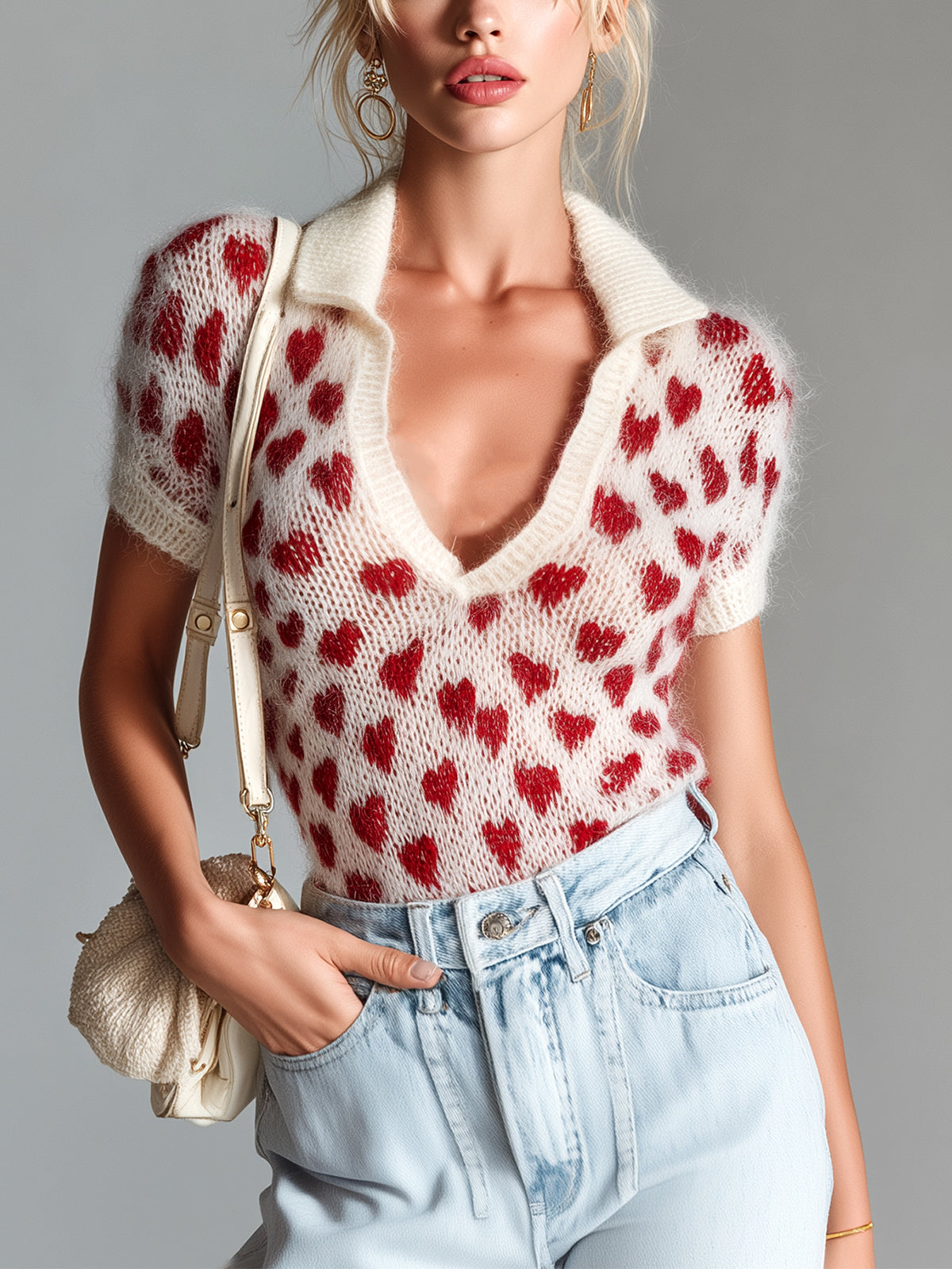ElevenOra Chic Elegant Red Beige Heart Pattern Lapel V-Neck Short-Sleeve Slim-Fit Knit Sweater Top