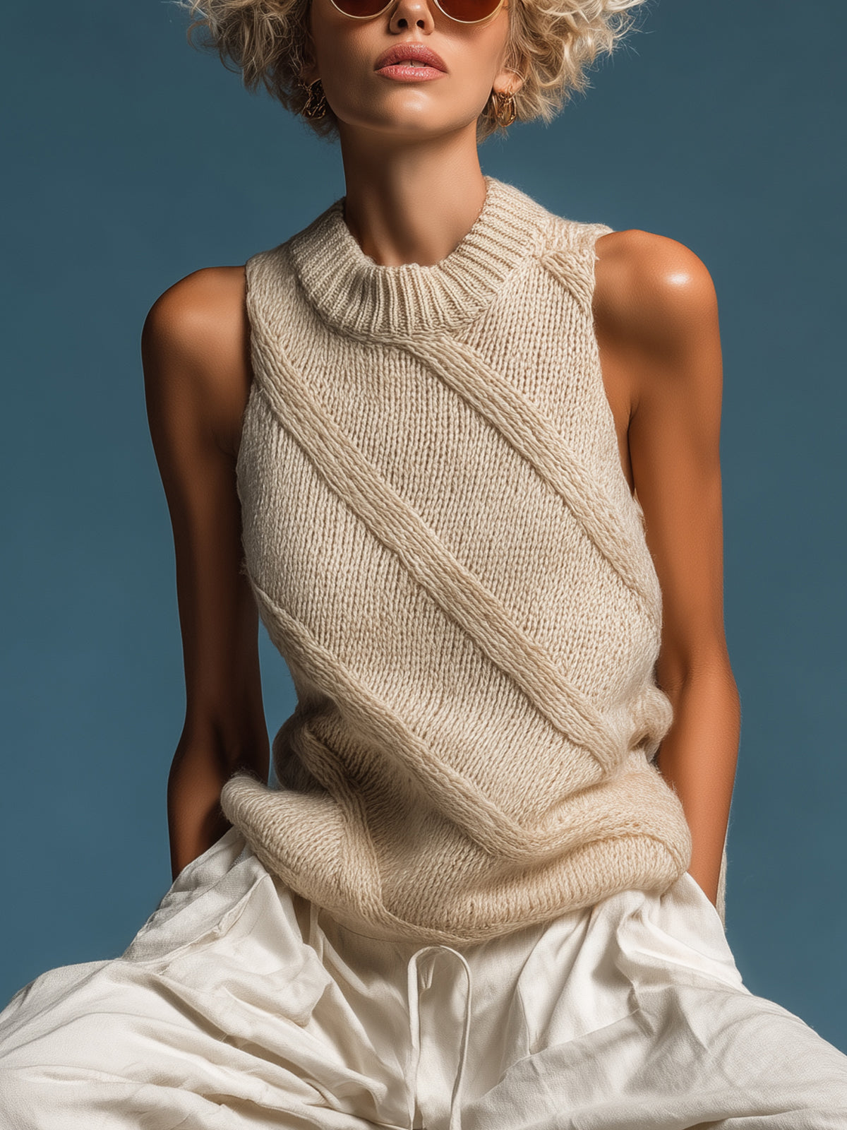 ElevenOra Chic Elegant Light Camel Striped Round-Neck Sleeveless Loose-Fit Knit Vest Top