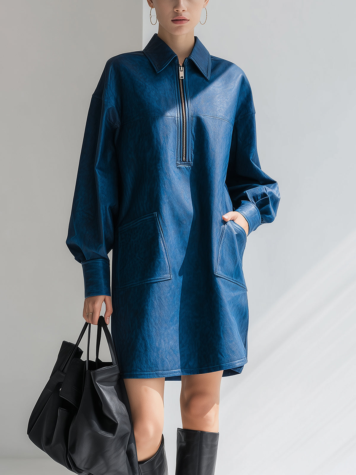 ElevenOra Chic Vintage Royal Blue PU Zip-Up Lapel Long Sleeve Patch Pocket Oversized Mini Dress