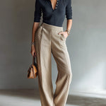 ElevenOra Casual Elegant Polo Neck Long Sleeve Slim Fit Sweater Elastic Waist Wide Leg Pants Ribbed Knit Two-Piece Set
