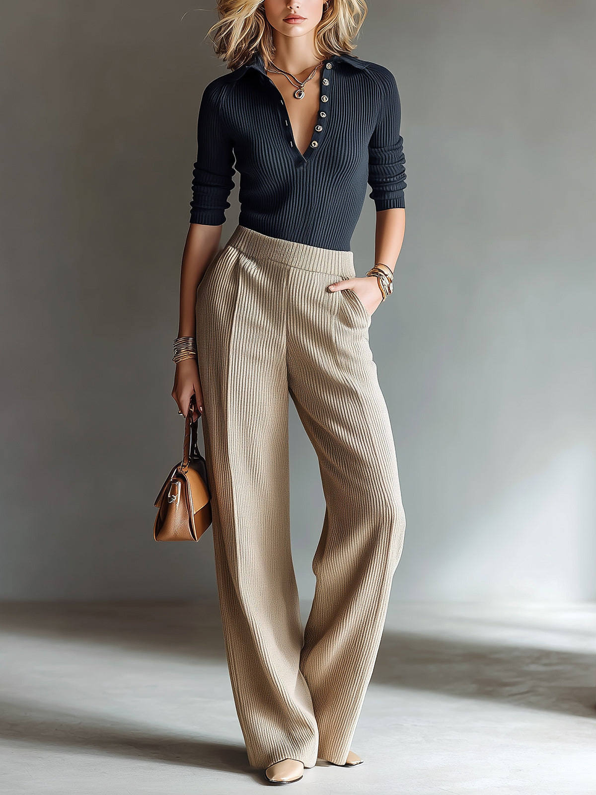 ElevenOra Casual Elegant Polo Neck Long Sleeve Slim Fit Sweater Elastic Waist Wide Leg Pants Ribbed Knit Two-Piece Set