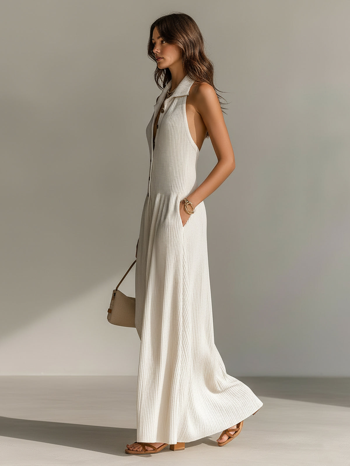ElevenOra Chic Elegant Cream White Lapel Collar Button-Front Sleeveless Tailored Waist Loose-Fit Ribbed Knit Maxi Dress