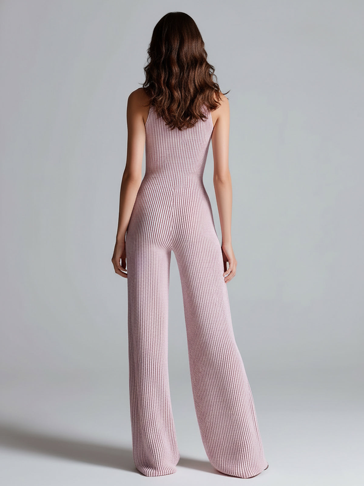 ElevenOra Chic Elegant Pink Stand Collar Sleeveless Zipper-Front Tailored Waist Wide Leg Ribbed Knit Jumpsuit