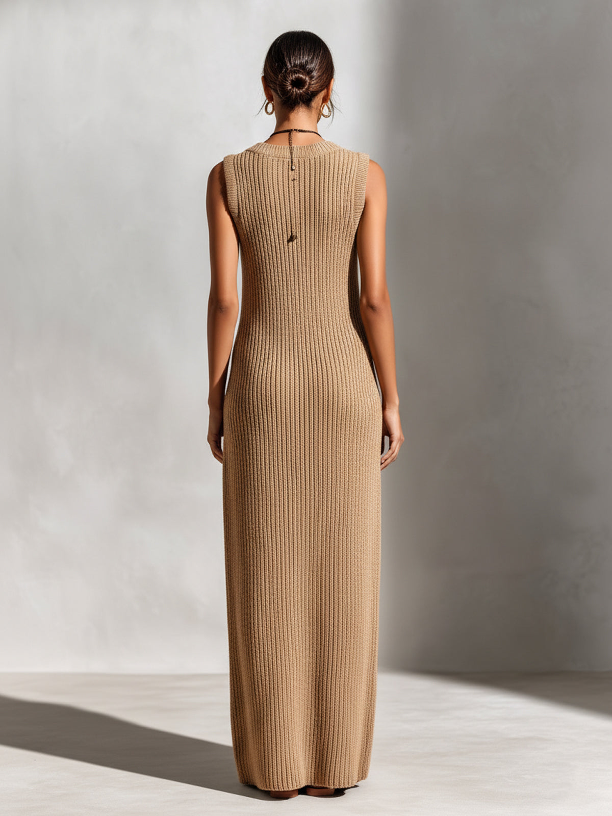 ElevenOra Chic Elegant Camel V-Neck Button-Front Sleeveless Loose-Fit Ribbed Knit Maxi Dress