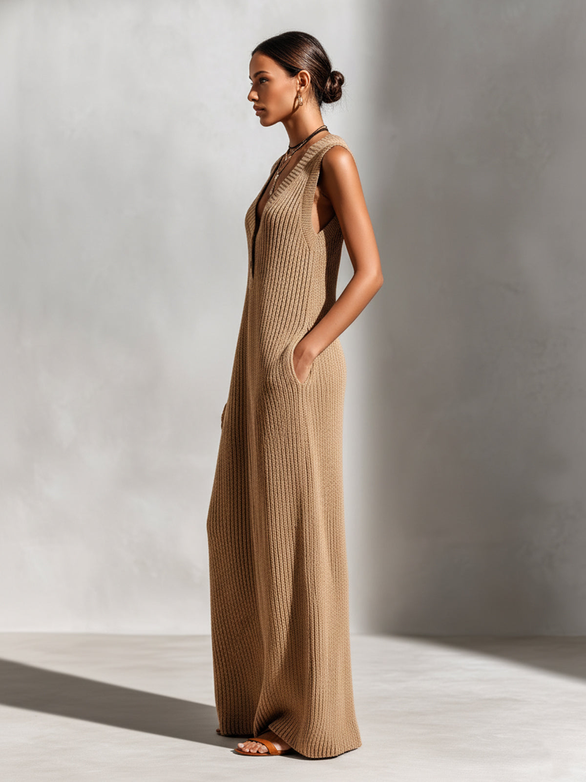 ElevenOra Chic Elegant Camel V-Neck Button-Front Sleeveless Loose-Fit Ribbed Knit Maxi Dress