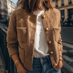 ElevenOra Casual Chic Camel Crew Neck Gold Button Multi-Pocket Cropped Knit Cardigan