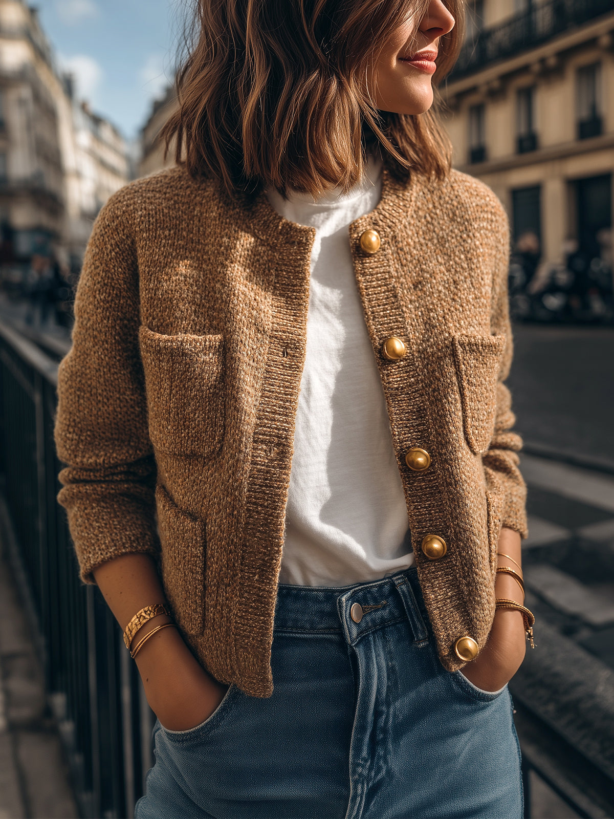 ElevenOra Casual Chic Camel Crew Neck Gold Button Multi-Pocket Cropped Knit Cardigan