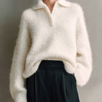 ElevenOra Chic Casual Cream White Polo Collar Oversized Long-Sleeve Mohair Knit Sweater