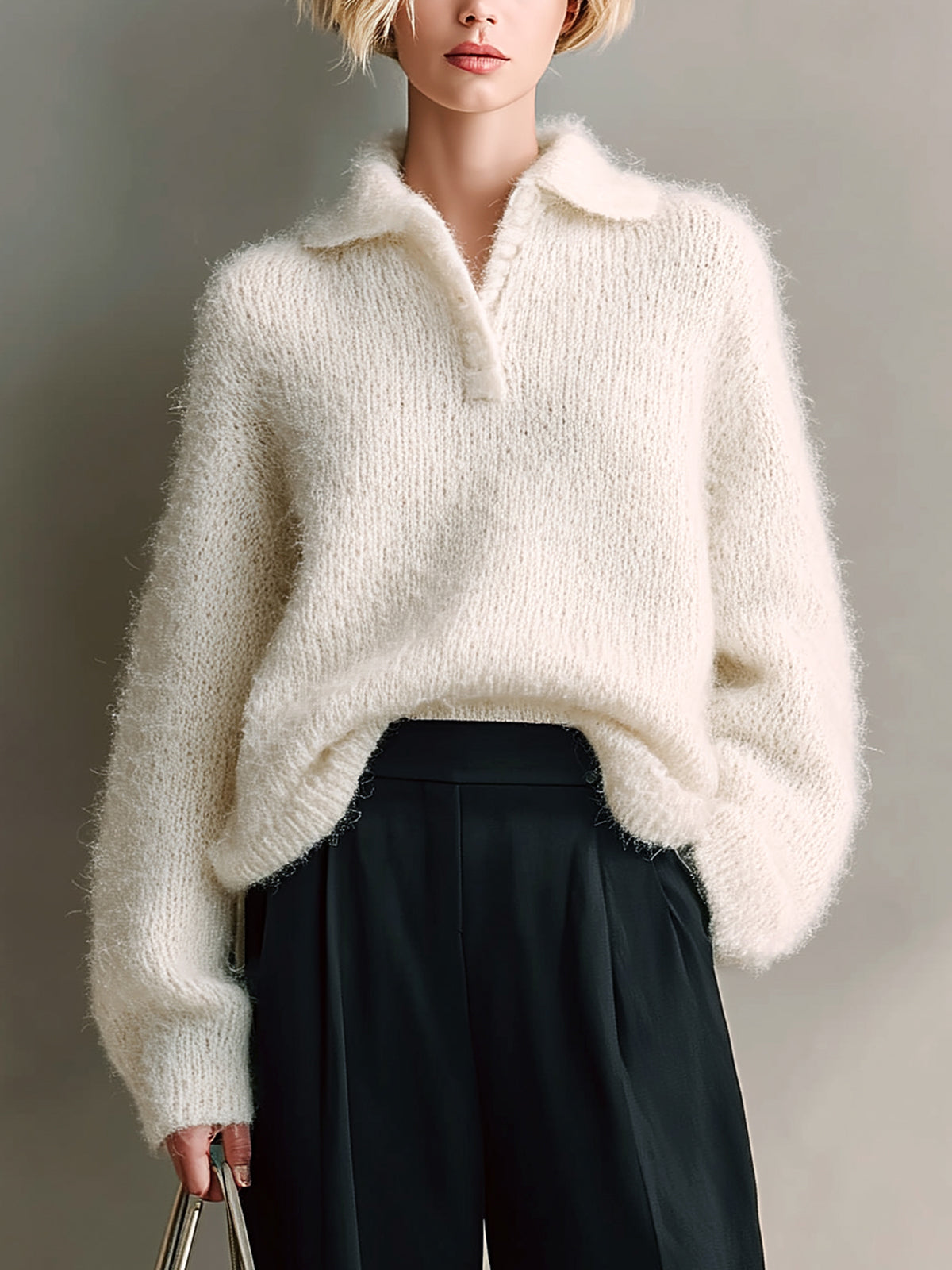 ElevenOra Chic Casual Cream White Polo Collar Oversized Long-Sleeve Mohair Knit Sweater