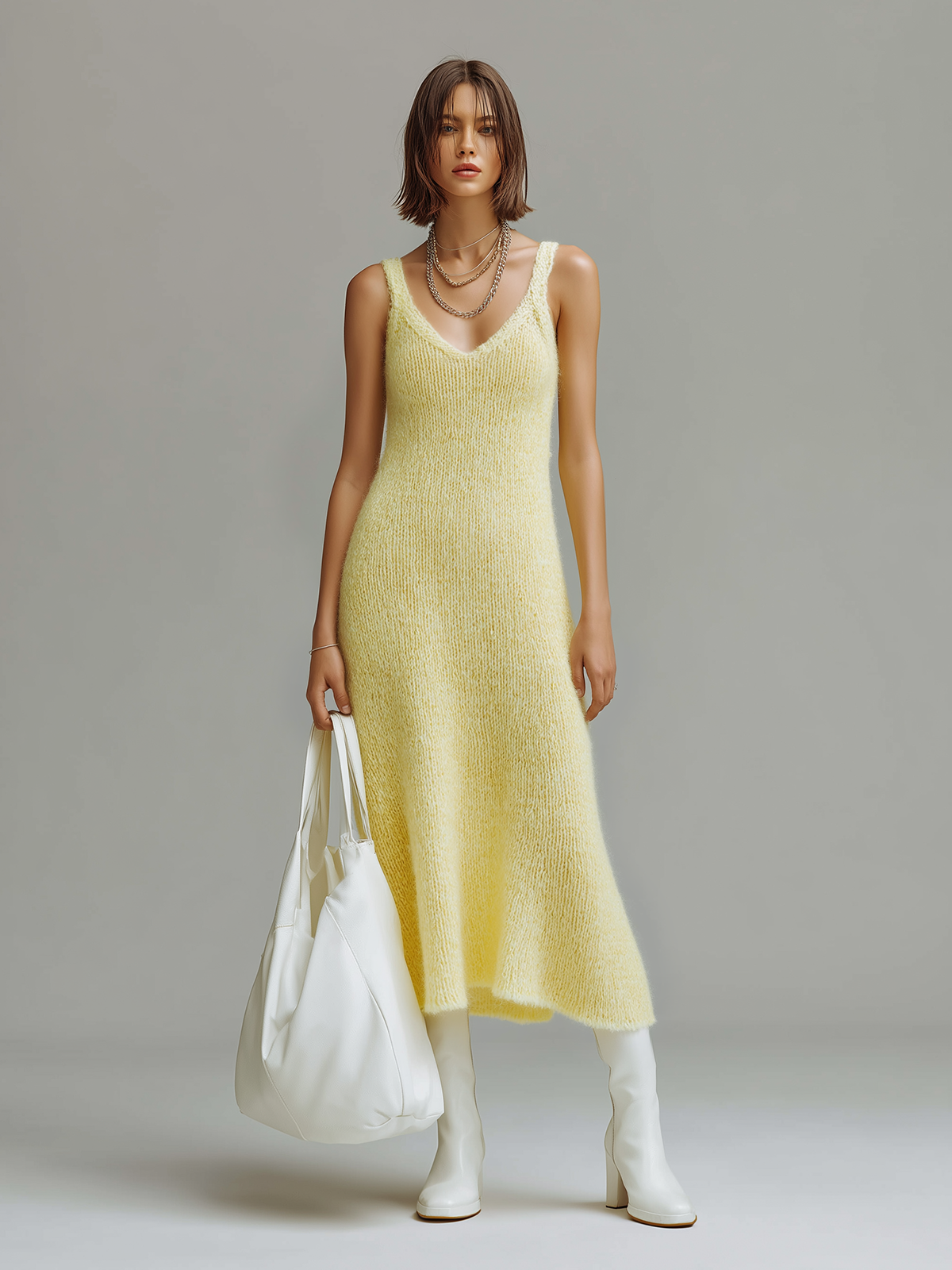 ElevenOra Chic Vintage Light Yellow V-Neck Sleeveless Slim-Fit Mohair Knit Maxi Dress