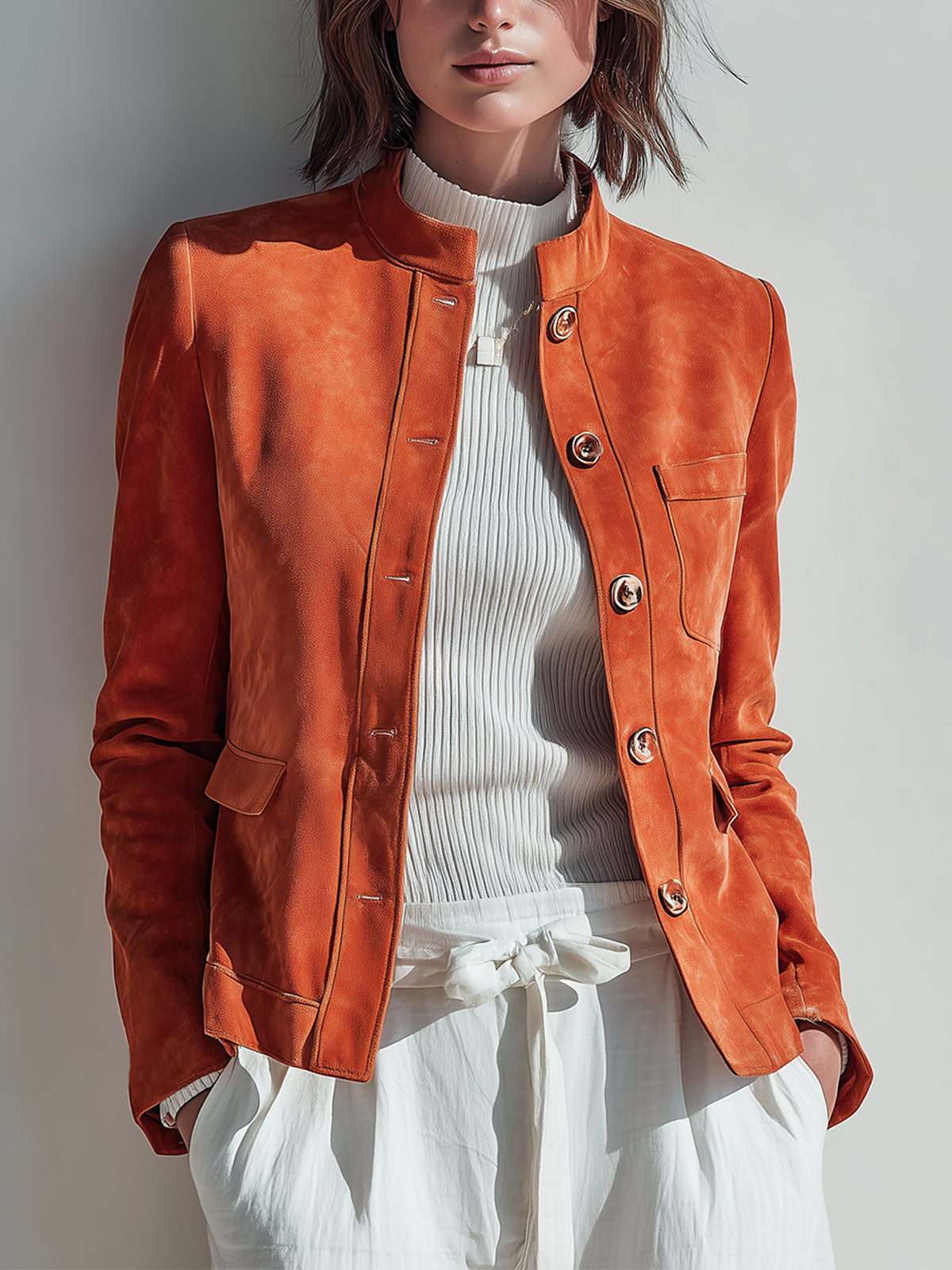 ElevenOra Chic Vintage Caramel Orange Faux Suede Stand-Collar Single-Breasted Cropped Vintage Jacket