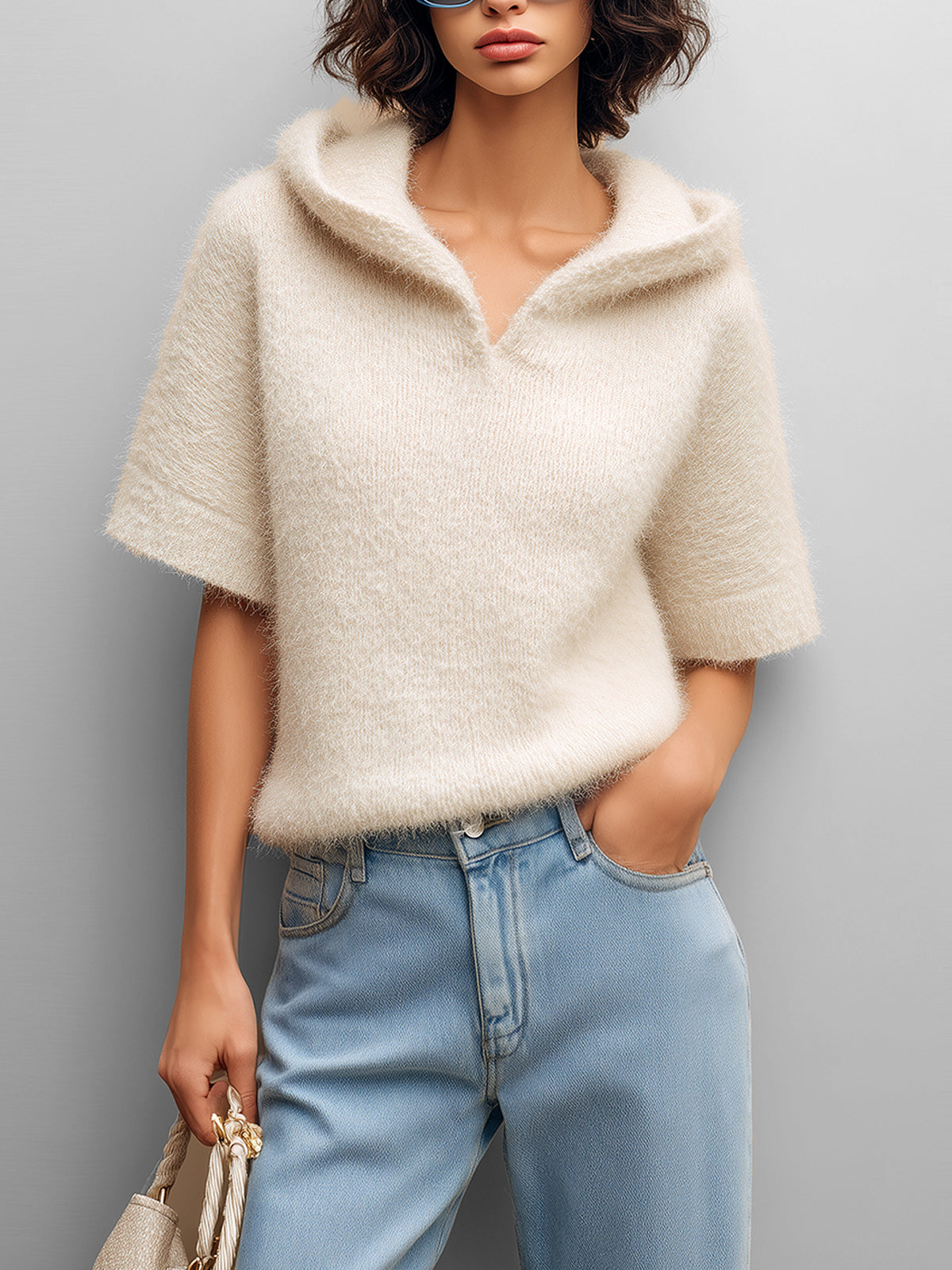 ElevenOra Chic Vintage Cream White Hooded Short Sleeve Oversize Fuzzy Knit Sweater Top