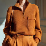 ElevenOra Chic Casual Caramel Half-Zip Mock Neck Pocket-Detail Long-Sleeve Knit Sweater Top