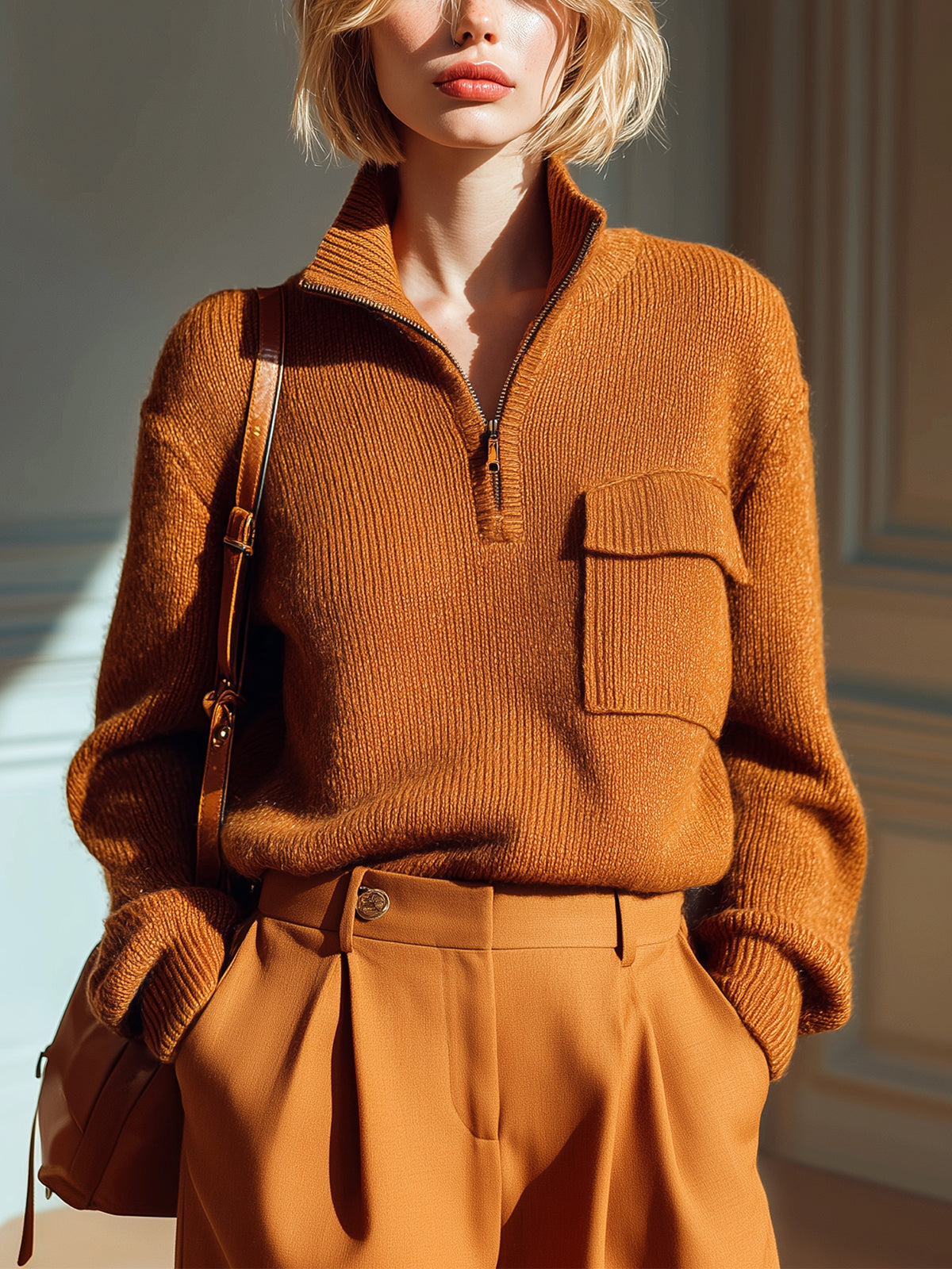 ElevenOra Chic Casual Caramel Half-Zip Mock Neck Pocket-Detail Long-Sleeve Knit Sweater Top