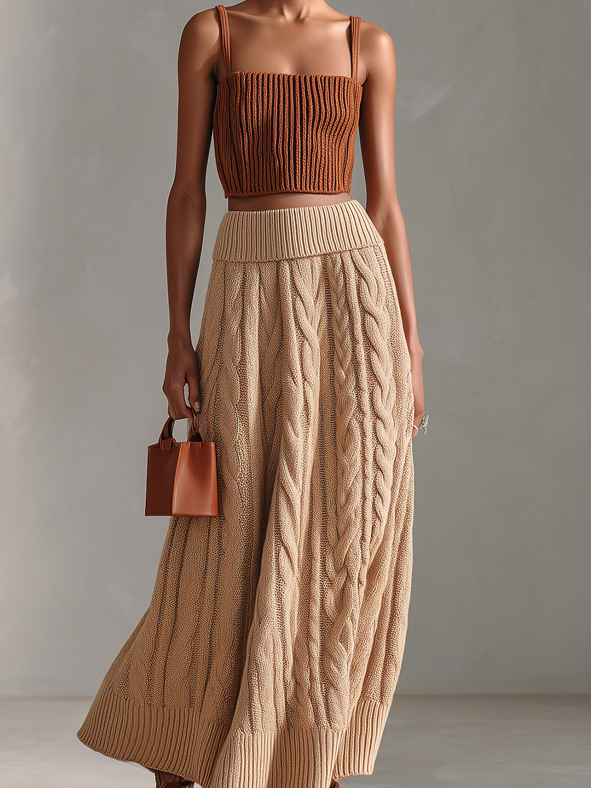 ElevenOra Chic Elegant Caramel Square-Neck Slim-Fit Ribbed Tank Top Camel A-Line Cable Knit Maxi Skirt Two-Piece Set