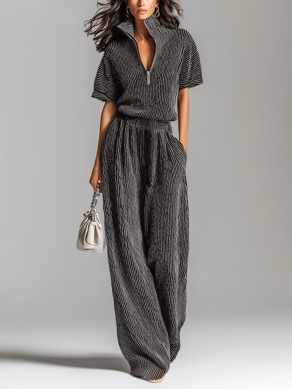 ElevenOra Chic Elegant Black Stripes Zipper-Up Stand Collar Short-Sleeve Loose-Fit Sweater And Wide-Leg Pants Knit Two-Piece Set