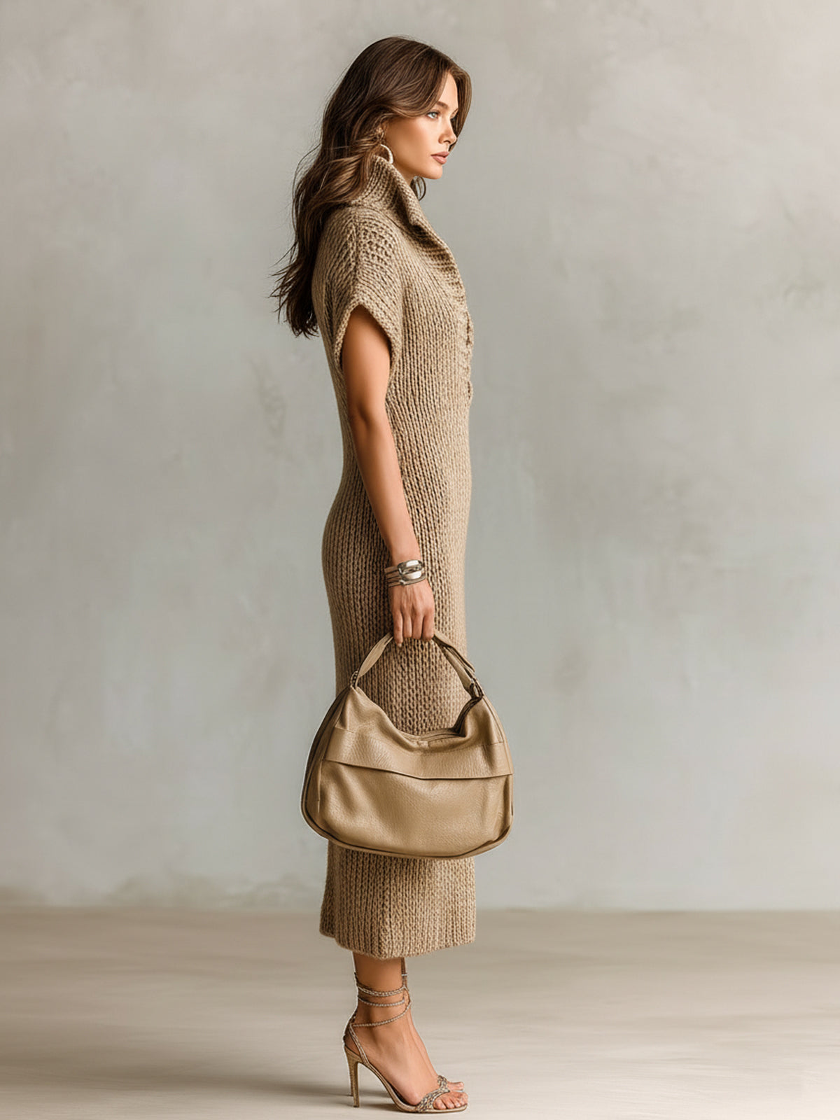 ElevenOra Chic Elegant Camel Lapel Deep V-Neck Short-Sleeve Loose Fit Slit Detail Knit Midi Dress