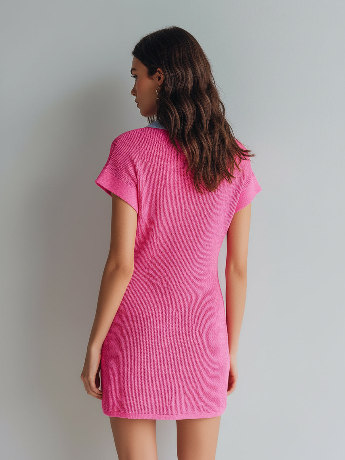 ElevenOra Chic Casual Hot Pink-Blue Colorblock Lapel V-Neck Short-Sleeve Loose-Fit Breathable Knit Mini Dress