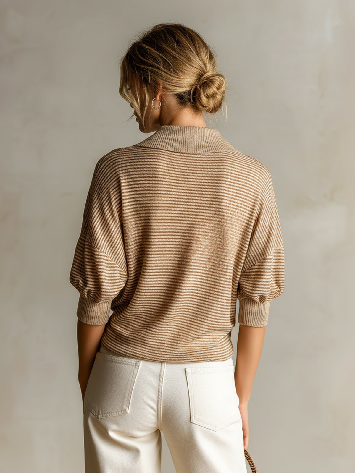 ElevenOra Chic Casual Camel Pinstripe Lapel V-Neck Button Front Short Sleeve Loose Fit Knit Polo Sweater