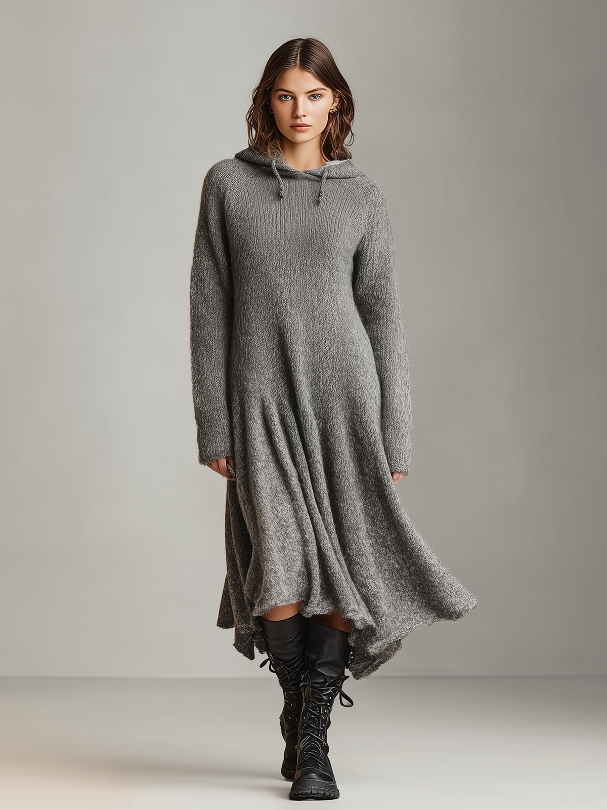 ElevenOra Chic Elegant Gray Cowl Hoodie Long Sleeve Slim Fit Flared Hem Knit Maxi Dress