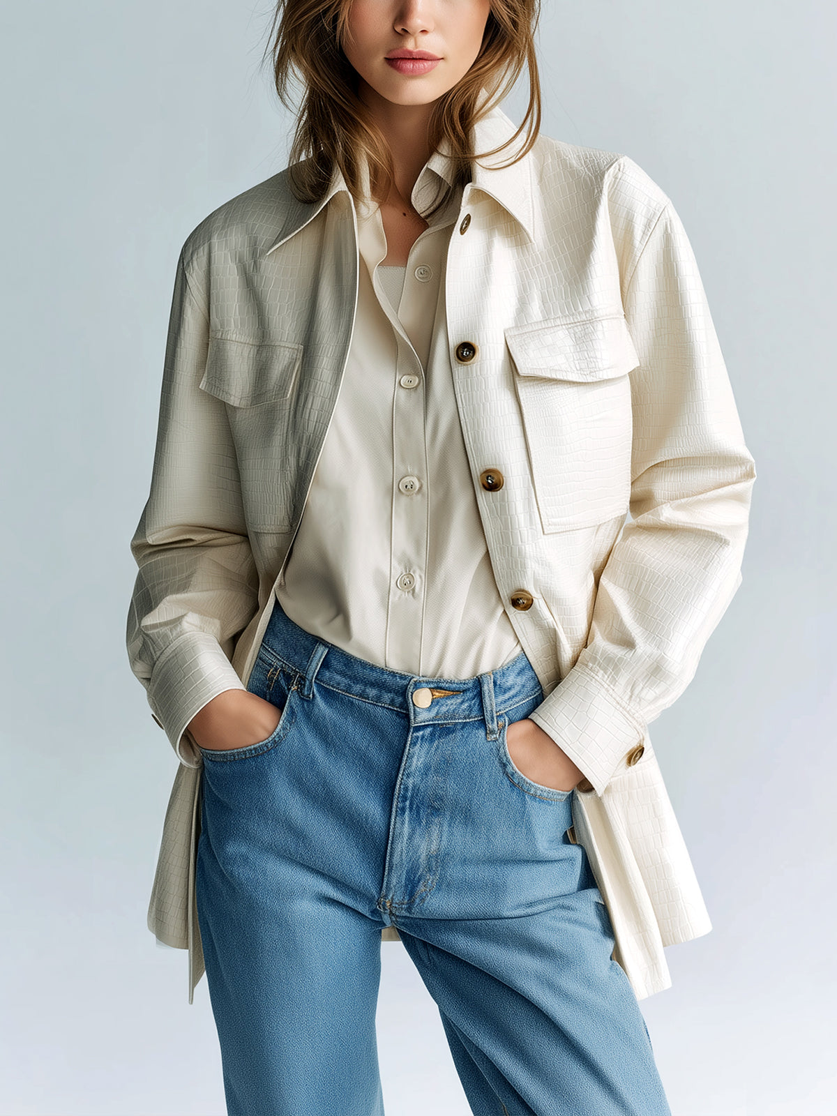 ElevenOra Chic Vintage Cream White Faux Crocodile Leather Lapel Single-Breasted Multi-Pocket Utility Jacket