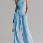 ElevenOra Chic Elegant Blue Slit-Fit Camisole Button-Front Wide-Leg Pants Ribbed Knit Two-Piece Set