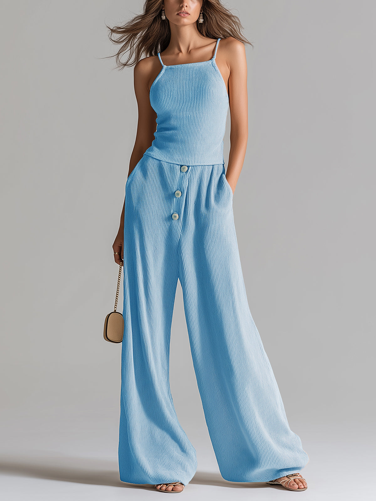 ElevenOra Chic Elegant Blue Slit-Fit Camisole Button-Front Wide-Leg Pants Ribbed Knit Two-Piece Set