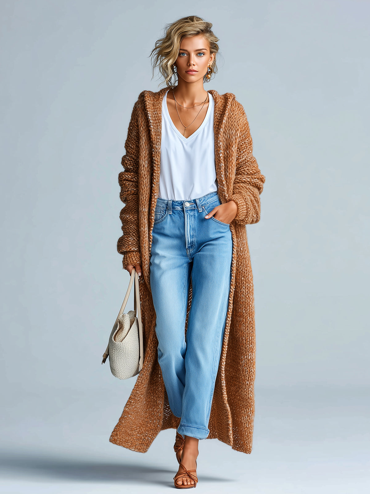 ElevenOra Chic Vintage Brown Hooded Maxi-Length Slouchy Textured Knit Cardigan