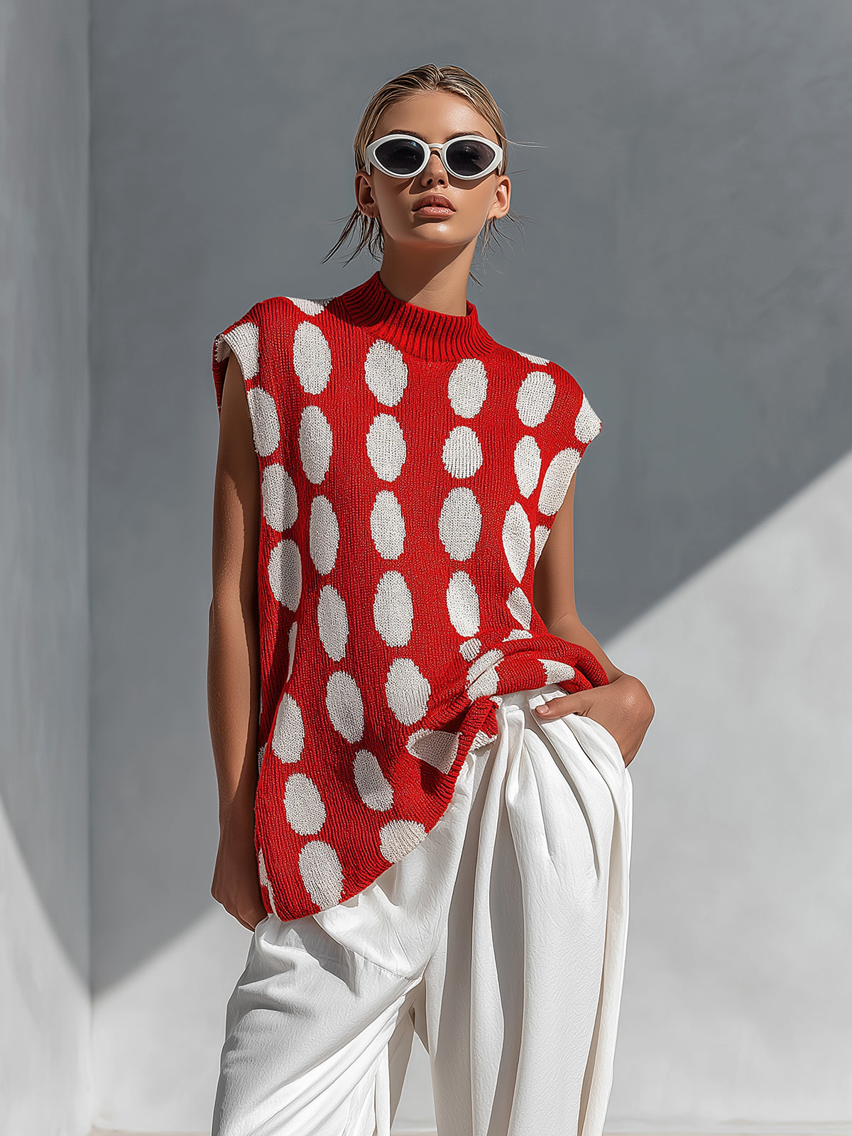 ElevenOra Chic Elegant Red-White Polka Dot Jacquard Round-Neck Sleeveless Oversized Knit Vest Top