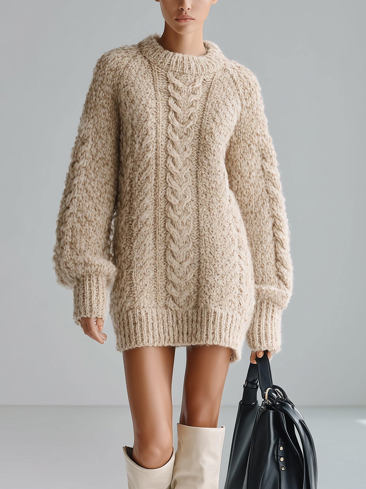 ElevenOra Chic Vintage Light Khaki Round Neck Long Sleeve Oversized Loose Cable-Knit Mini Dress