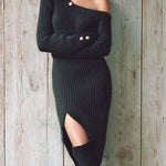 ElevenOra Fashion One-Shoulder Button Detail Long Sleeves Knit Slit Hem Midi Dress