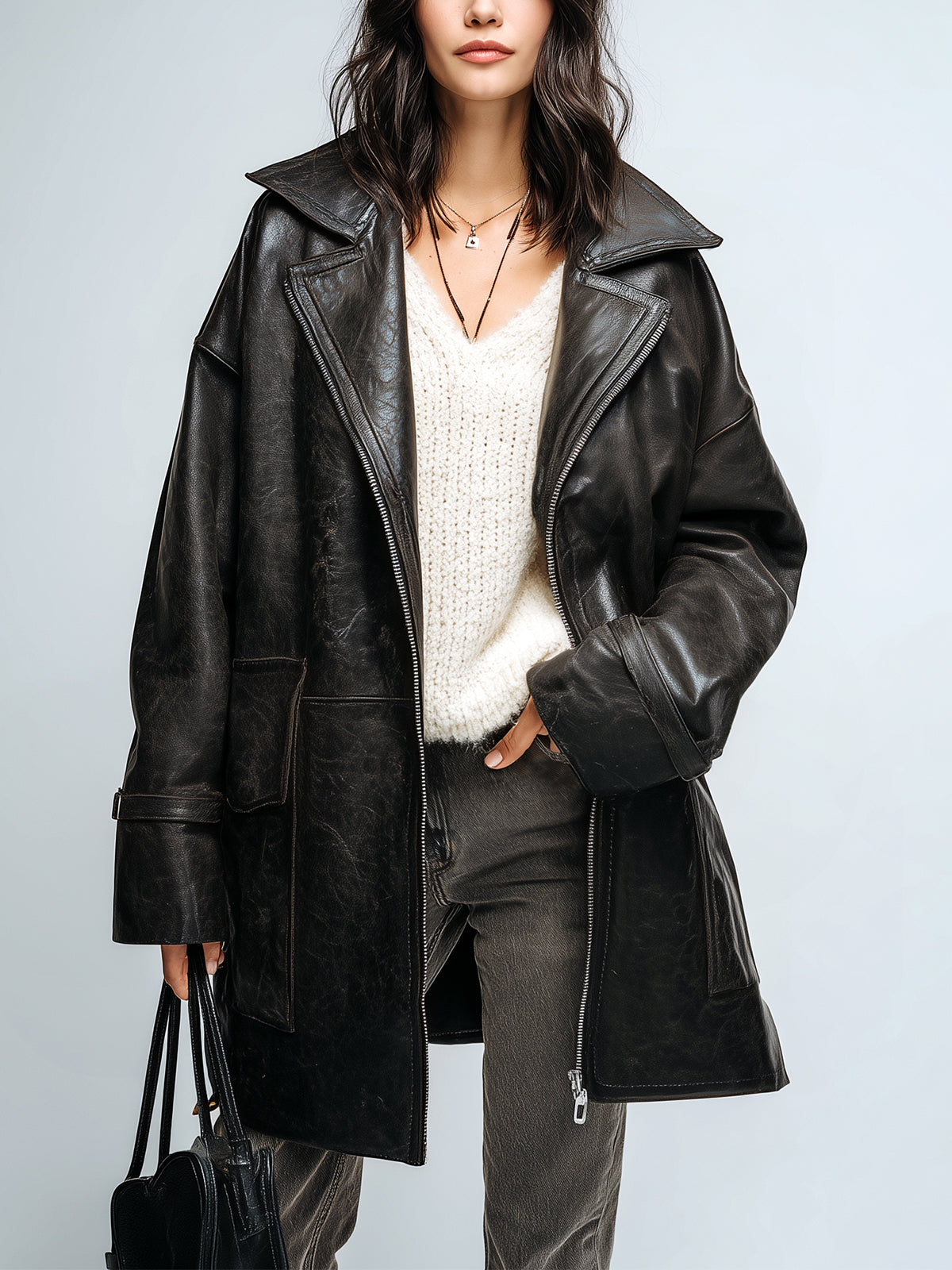 ElevenOra Chic Vintage Black Faux Leather Oversized Lapel Zipper-Front Flap Pockets Mid-length Coat