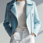 ElevenOra Chic Casual Light Blue Wool Blend Lapel Metal Zip Short Biker Style Jacket