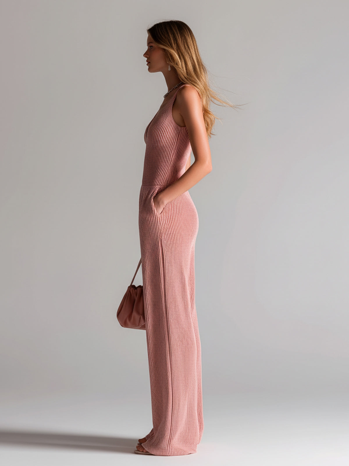 ElevenOra Chic Casual Red-White Stripes V-Neck Zipper-Front Sleeveless Tailored Waist Wide-Leg Knit Jumpsuit