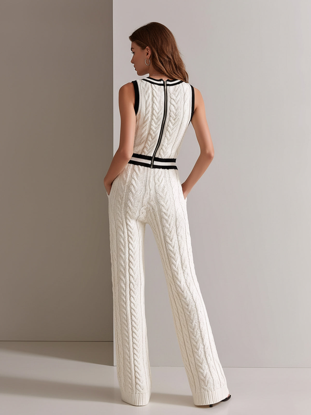 ElevenOra Chic Elegant Cream White V-Neck Sleeveless Contrast Trim Detail Elastic-Waist Loose-Fit Cable Knit Jumpsuit
