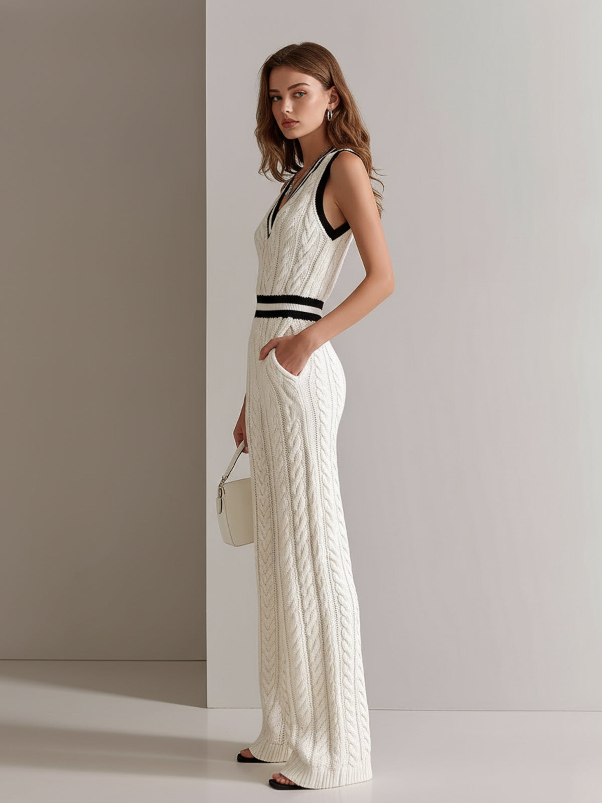 ElevenOra Chic Elegant Cream White V-Neck Sleeveless Contrast Trim Detail Elastic-Waist Loose-Fit Cable Knit Jumpsuit