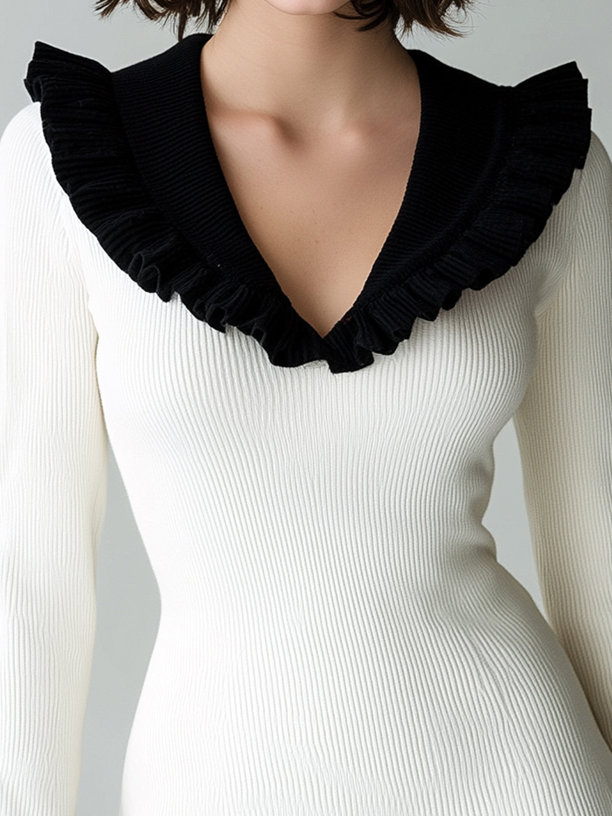 ElevenOra Elegant Ruffled Collar Color Block Fitted Knit Long Sleeve A-Line Mini Dress