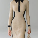 ElevenOra Stylish Colorblock Button-up Lapel Collar Long Sleeves Slim Knit Bodycon Midi Dress