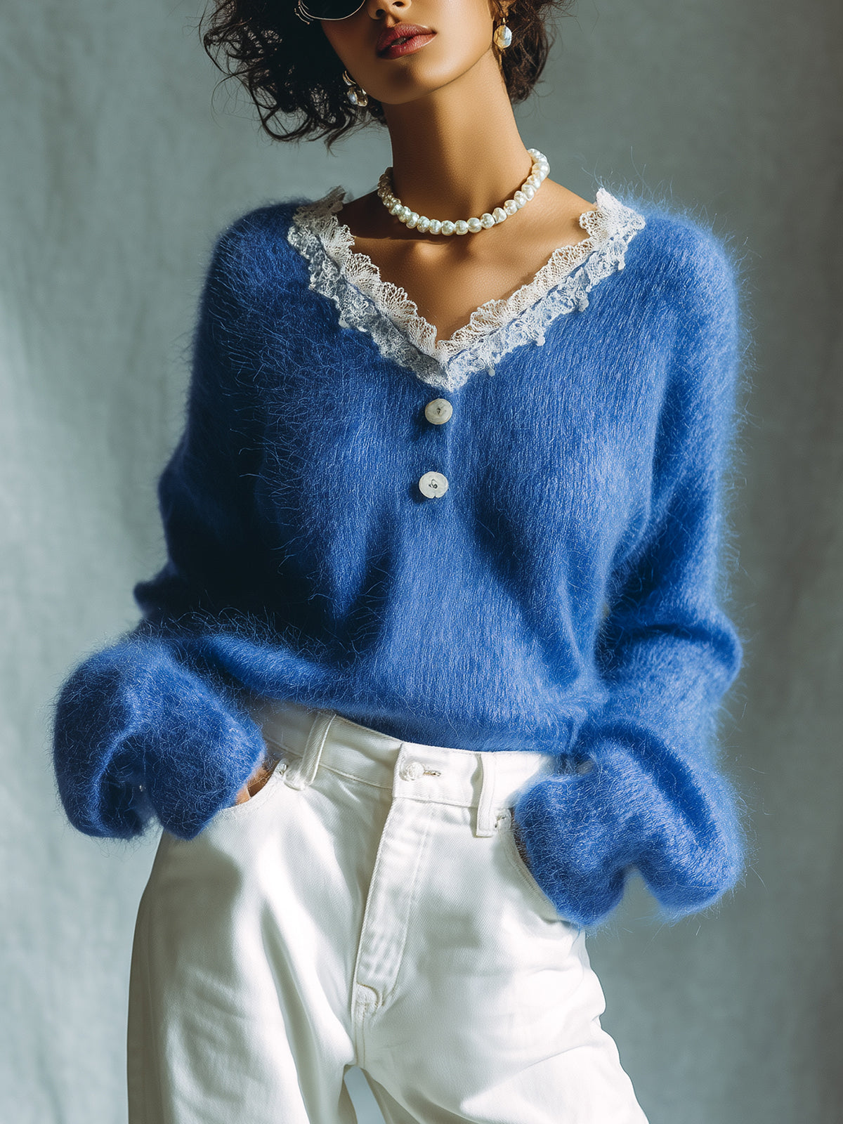 ElevenOra Chic Vintage Royal Blue V-Neck Contrast Lace Trim Detail Button-Front Long Sleeve Loose-Fit Knit Sweater Top