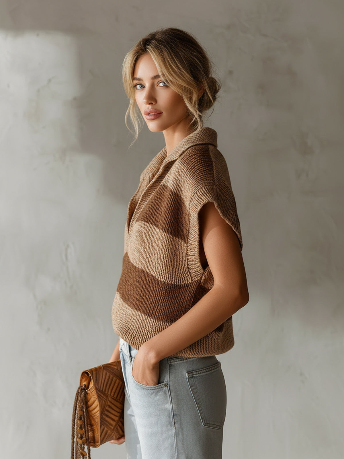 ElevenOra Chic Casual Camel-Brown Stripes Lapel V-Neck Loose-ft Knit Vest Top