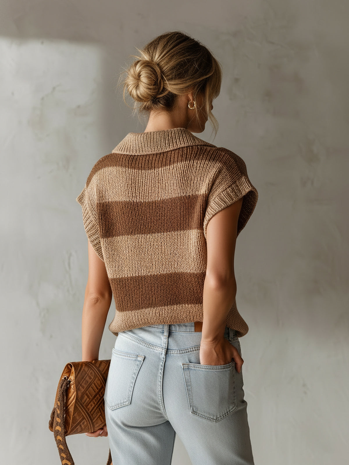 ElevenOra Chic Casual Camel-Brown Stripes Lapel V-Neck Loose-ft Knit Vest Top