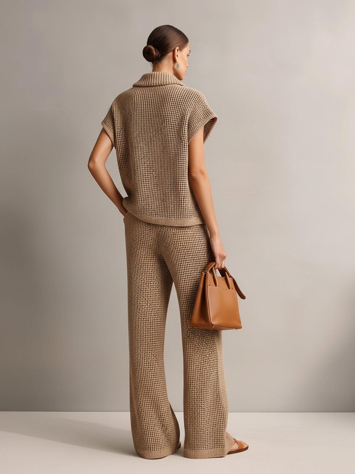 ElevenOra Chic Elegant Camel Stand Collar V-Neck Off-Shoulder Oversize Vest Beige Wide-Leg Pants Knit Two-Piece Set