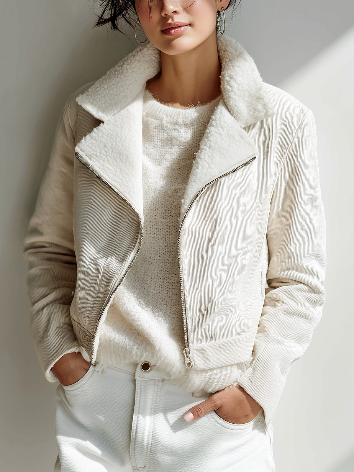 ElevenOra Casual Vintage Cream White Corduroy Faux Shearling Lapel Collar Asymmetric Zip Biker Cropped Jacket