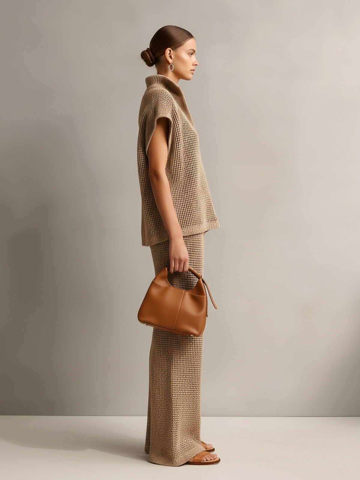 ElevenOra Chic Elegant Camel Stand Collar V-Neck Off-Shoulder Oversize Vest Beige Wide-Leg Pants Knit Two-Piece Set